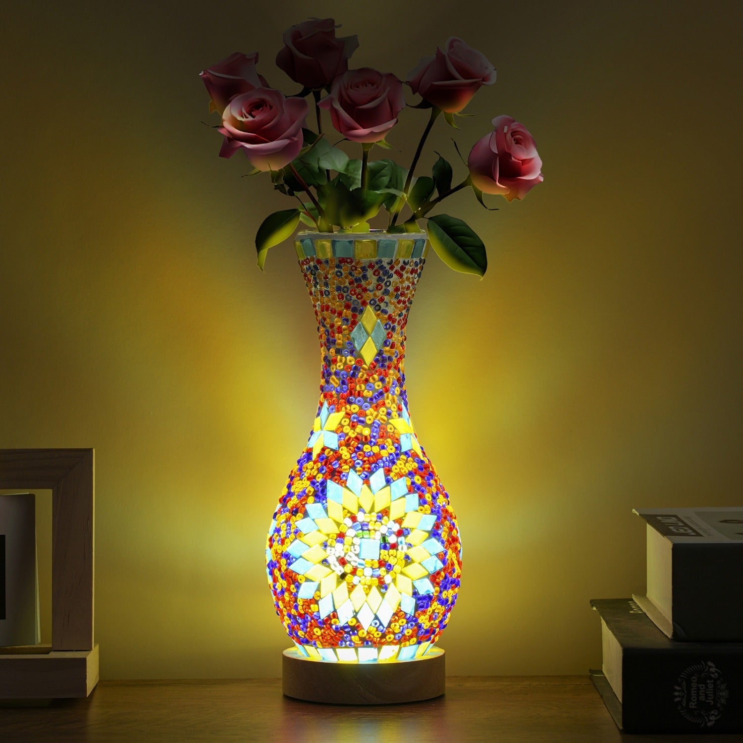 Mosaic Vase Lamp Turkish Moroccan Handmade Colorful Glass Table Lamp with Wooden Base ¨C USB Plug-In Boho Night Light, Flower Vase Lamp for Bedroom Living Room Decor, Bohemian Mosaic Desk Lamp Gift