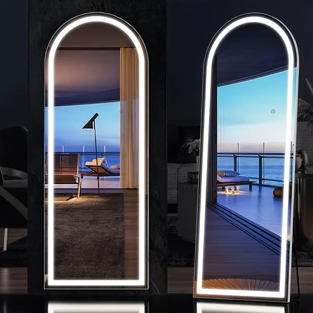 Full Length Mirror Floor Standing with LED Light - Arched & Rect Aluminum Frame Dressing Mirror for Bedroom Living Room, Black/Golden/White
