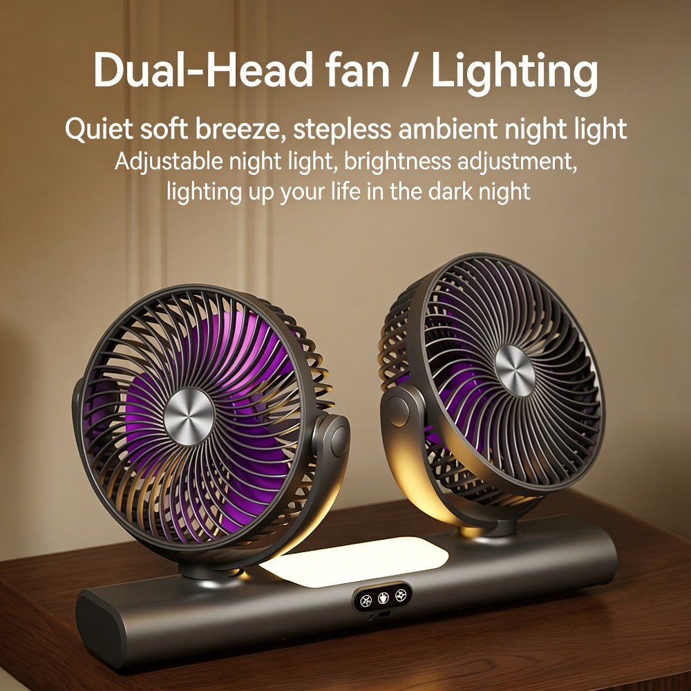 Double Head Air Circulation Fan USB Rechargeable | Desktop & Wall-Mounted 3-Speed Dual-Head Fan with Atmosphere Night Light, Multi-Angle Airflow for Camping, Home & Office ¨C Grey & White