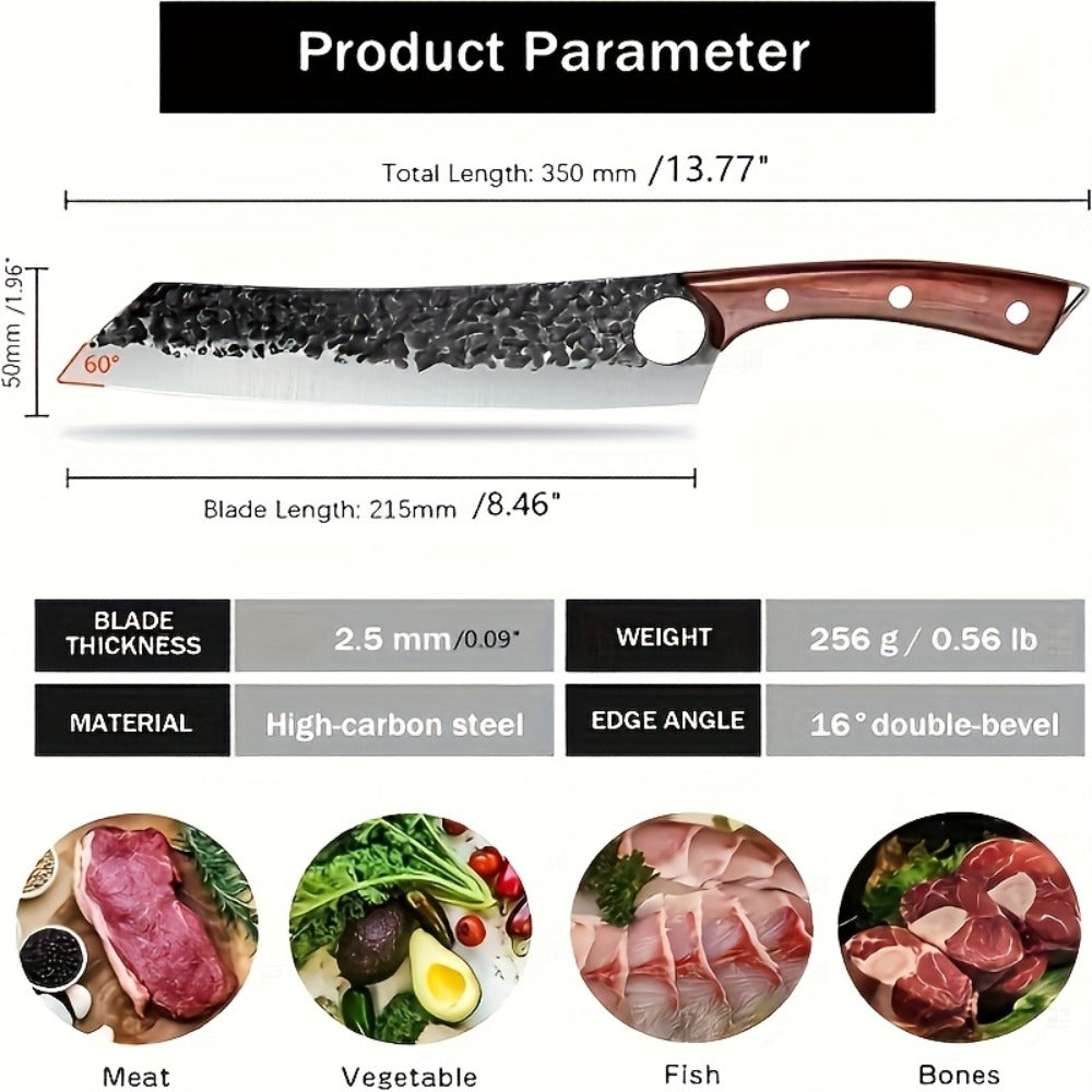 Butcher Knife 8 Inch Hand Forged High Carbon Steel Cleaver ¨C Meat & Vegetable Chopping Knife with Finger Hole, Wooden Handle