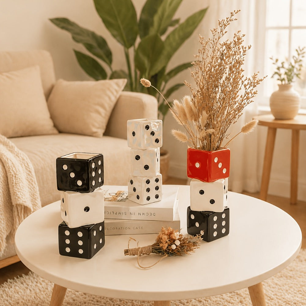Ceramic Dice Vase for Dried Flowers Pampas Grass Rose Modern Square Flower Vase Unique Home Decor Gift Handmade Decorative Vase for Living Room Shelf Table