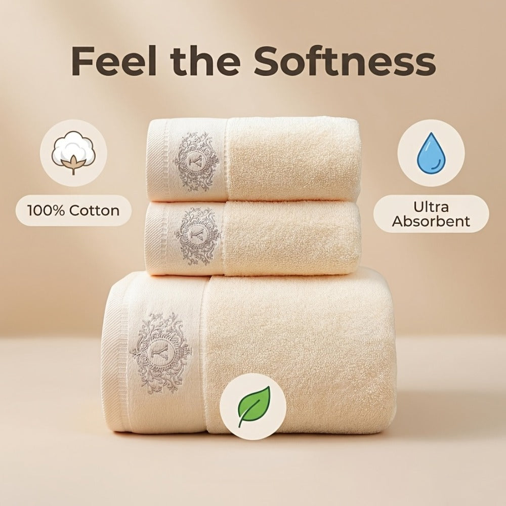 Embroidered Cotton Towel Set 3-Piece ¨C 400g/©O Soft Absorbent Lint-Free Bath Towel Hand Towel Set for Home Spa Salon