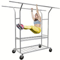 Heavy Duty Clothes Rack 630lbs Double Rod Rolling Garment Rack with Wheels Adjustable Height Width Freestanding Portable Clothing Stand with Bottom Shelves for Bedroom Closet Laundry Room Silver
