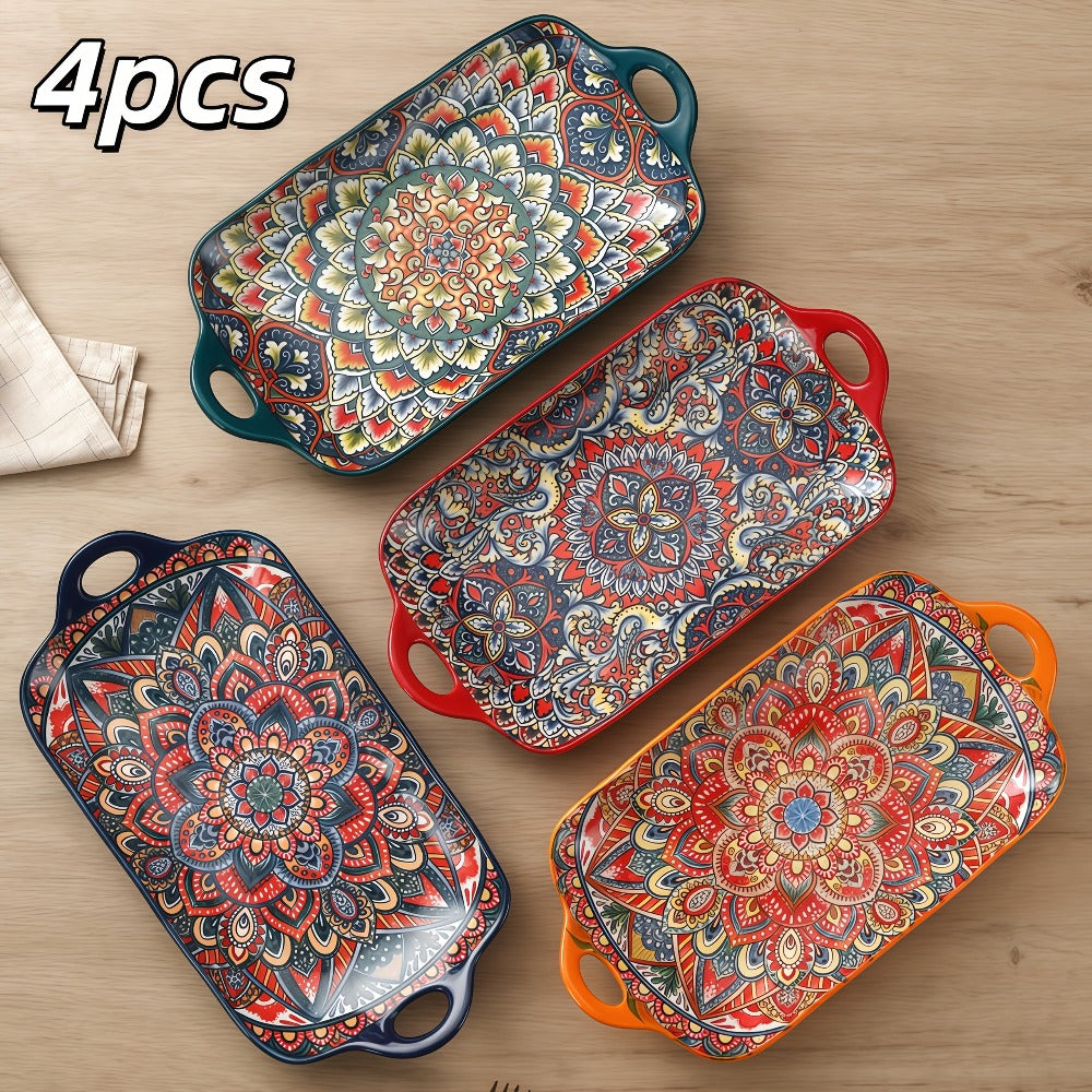 Ceramic Serving Platter Set of 4, Bohemian Rectangular Fish Dish with Double Handles, Baking Tray for Sushi Pasta Desserts Salads Fruits, Ideal for Family Gatherings Picnics Restaurants