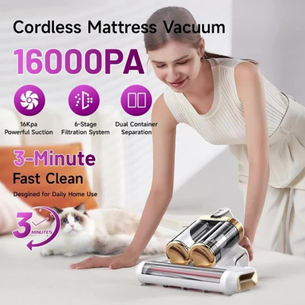 Mattress Vacuum Cleaner Handheld Bed Cleaner ¨C 16KPa Strong Suction with UVC Light & Hot Air Heating, Deep Clean for Pillows, Sofa, Crib & Pet Hair, Double Cup Design, White or Purple