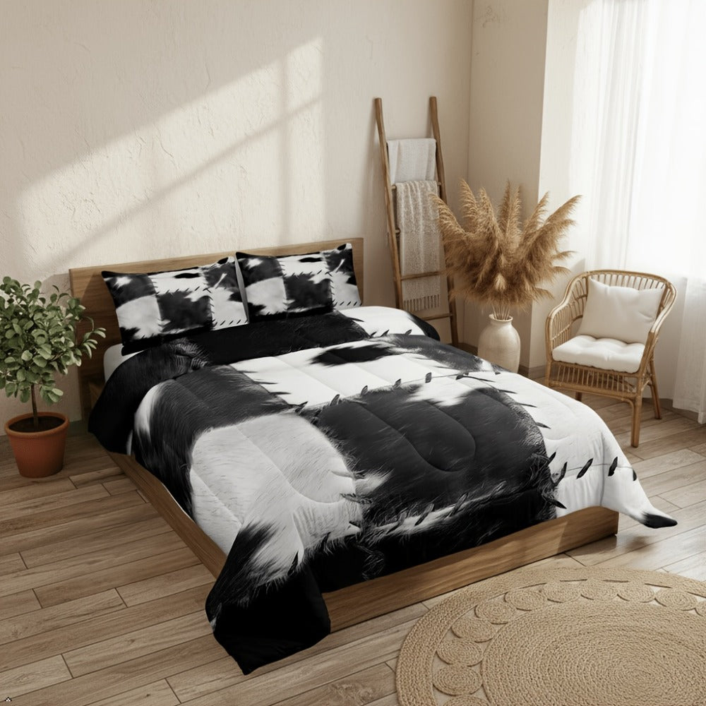 Cowhide Print Comforter Set 2/3pcs, Farmhouse Western Faux Animal Fur Bedding, Patchwork Cow Skin Quilt Set for All Beds, Soft Cozy Grey White