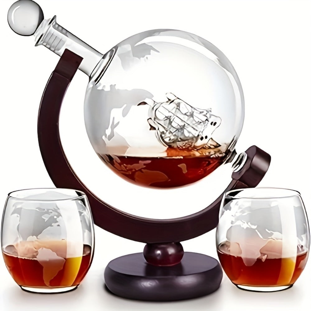 Whiskey Decanter Set with Glasses and Wooden Stand Ball Globe 28oz or Sailboat 44oz Etched Crystal Glass Cups for Whiskey Bourbon Scotch Birthday Wedding Anniversary Gift