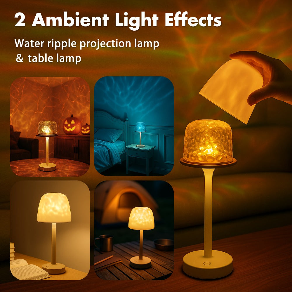 Ocean Wave LED Projector Lamp ¨C 16 Color Rechargeable Cordless Night Light with Remote, Water Ripple Atmosphere Lamp for Bathroom Bedroom, Portable Table Lamp, RGB & Wood Base Options