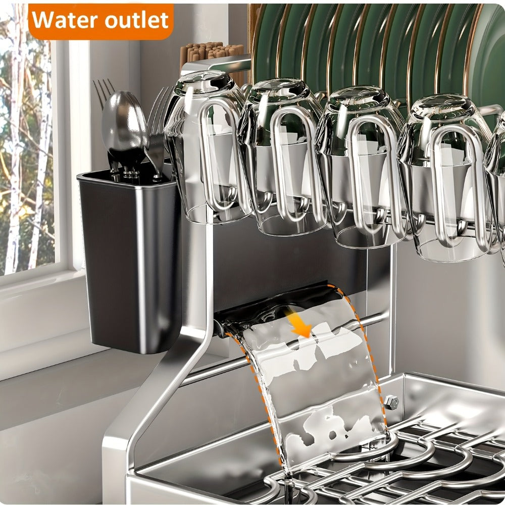 Stainless Steel 2-Tier Dish Rack with Auto Drainage | Rust-Resistant Kitchen Drying Rack for Dishes, Bowls, Cups & Utensils