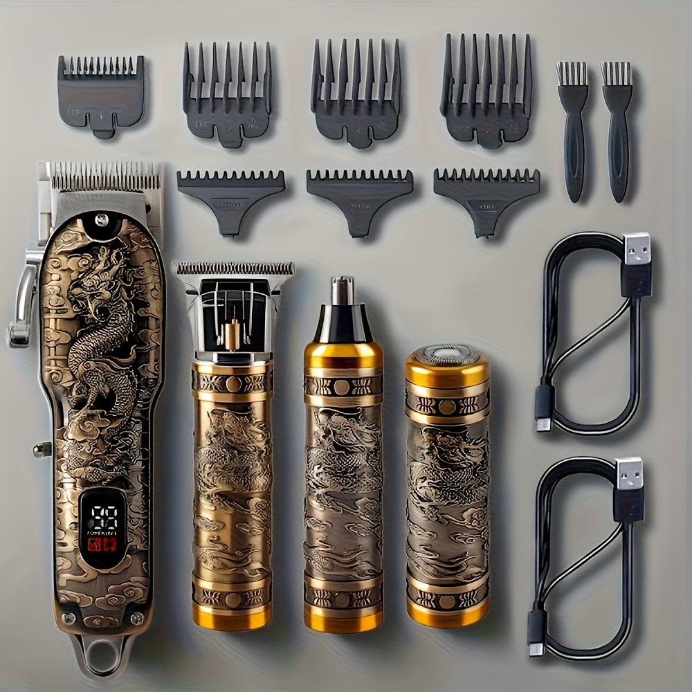 4-in-1 Men's Grooming Kit - Dragon Engraved Hair Clipper, T-Blade Trimmer, Nose Groomer & Shaver, 6000 RPM Motor, USB Rechargeable, LED Battery Display, Perfect Gift for Men