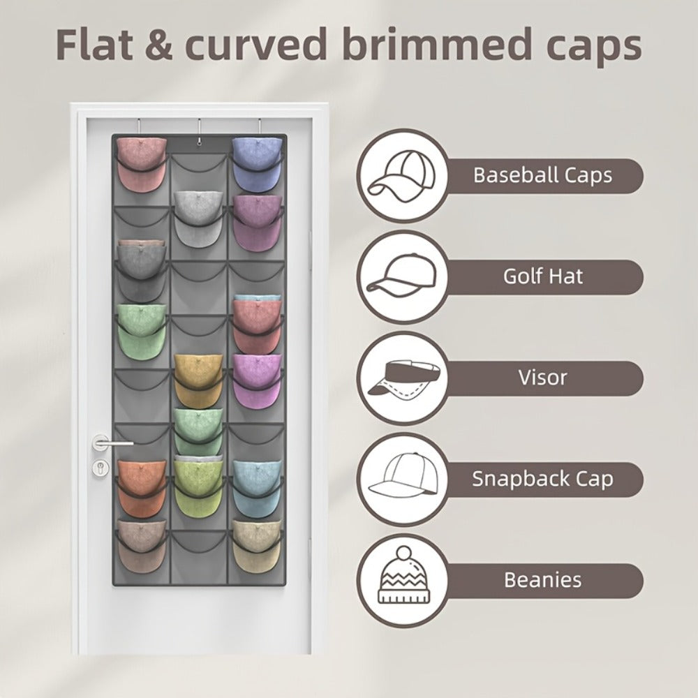 Over the Door Hat Organizer 24 Pocket - Baseball Cap Rack with Large Clear Pockets and 3 Hooks for Hat Storage Protection and Display in Closet