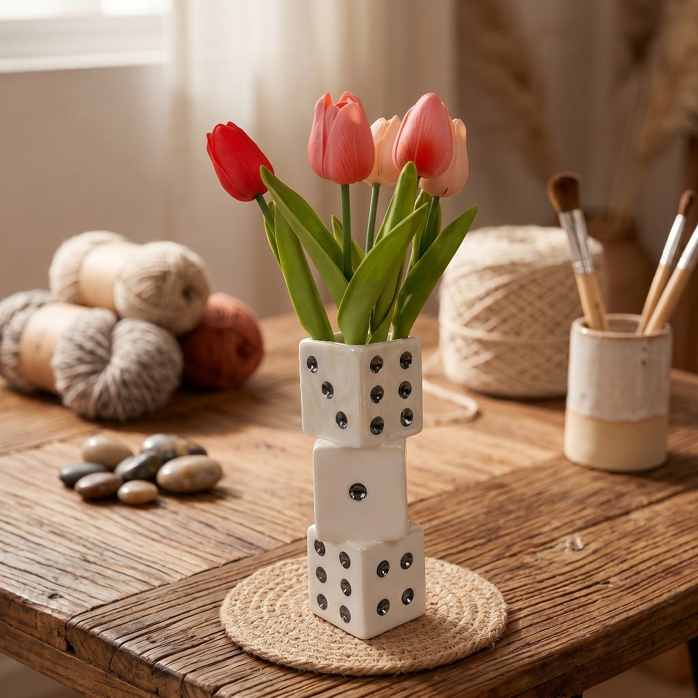 Ceramic Dice Vase for Dried Flowers Pampas Grass Rose Modern Square Flower Vase Unique Home Decor Gift Handmade Decorative Vase for Living Room Shelf Table