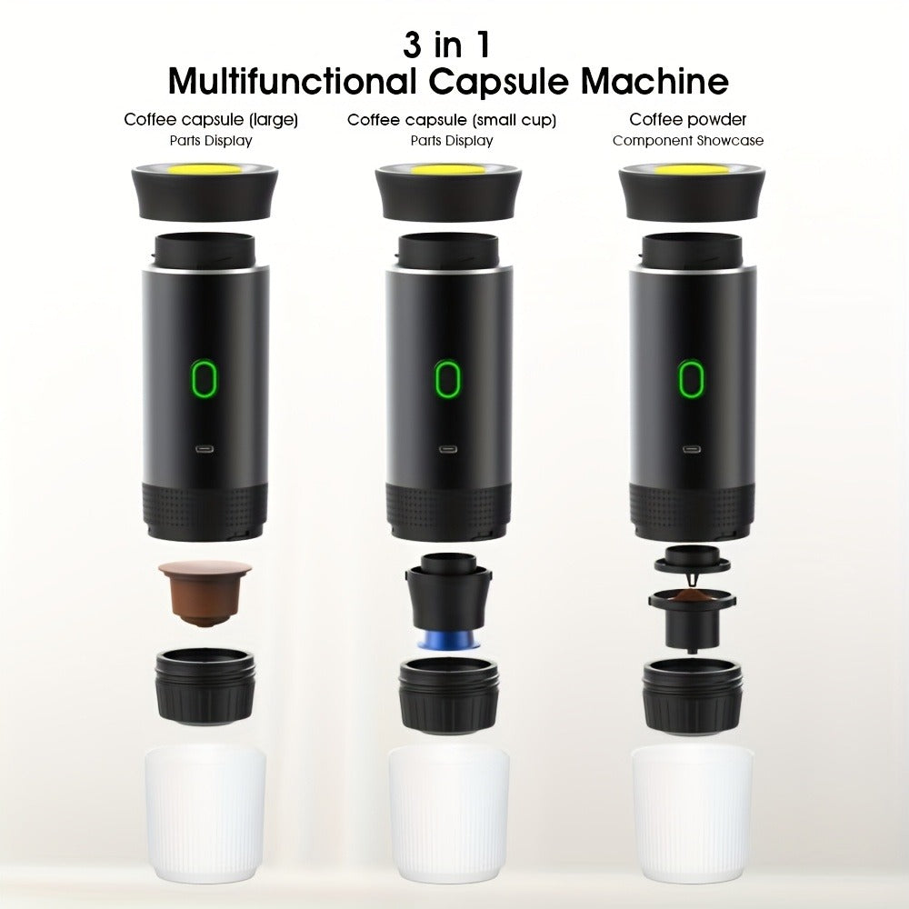 Portable Capsule Coffee Machine USB Rechargeable One-Touch Brewing Compact Automatic Espresso Maker for Travel Office Dorm Room Under 1L Stylish Transparent Design for Coffee Lovers Black White