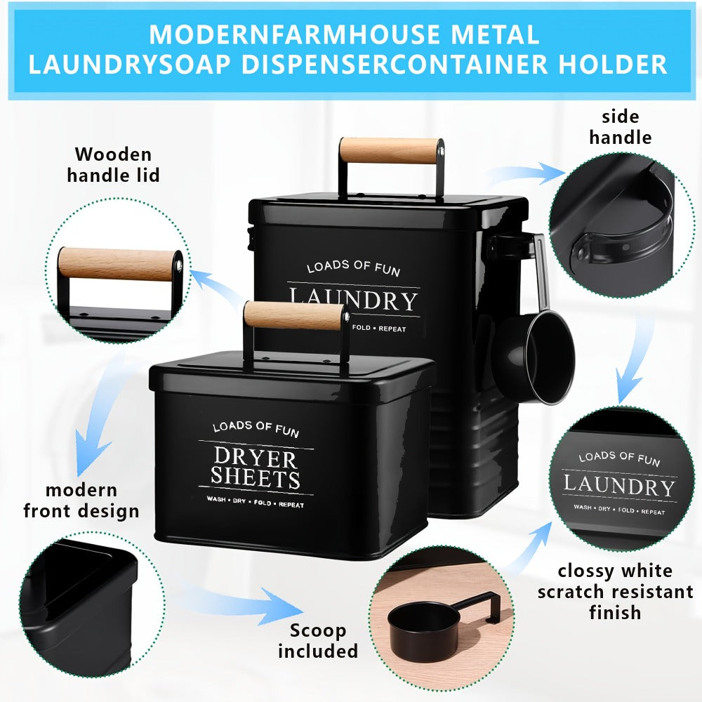 Laundry Pod Container & Dryer Sheet Holder Set with Scoop ¨C Metal Farmhouse Laundry Room Organizer, Detergent Dispenser & Soap Storage