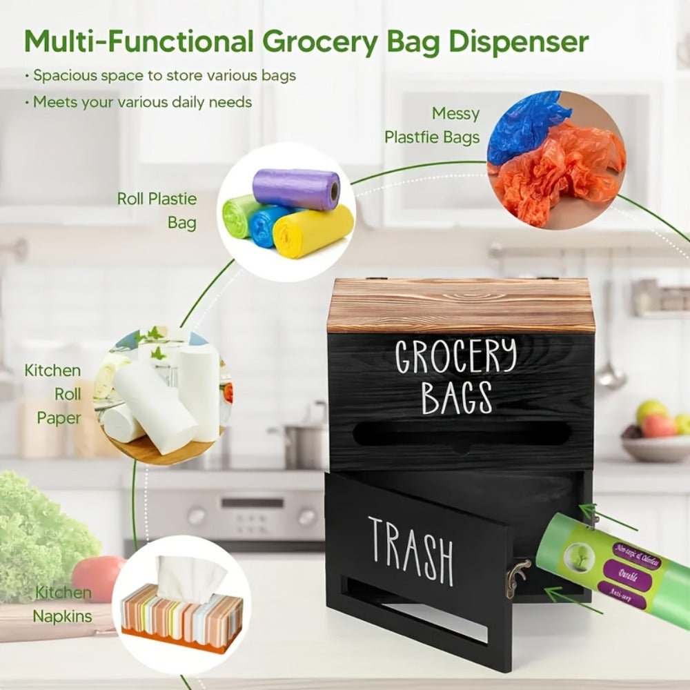 Garbage Bag Dispenser Wall Mount, Under Sink Organizer, Trash Bag Holder with Pull-Out Access, Kitchen Bag Storage Rack for Shopping Bags & Tissues, Space Saving Cabinet Organization