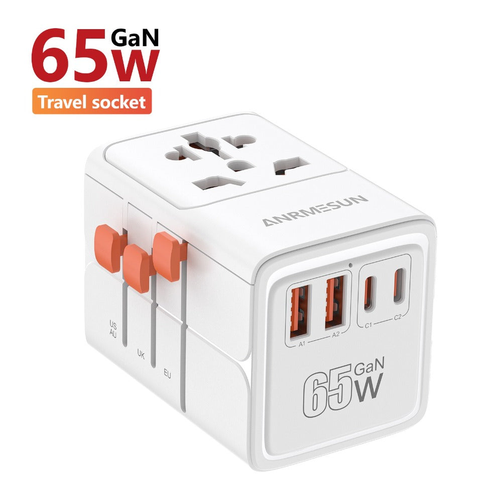 65W Universal Travel Adapter with 4 USB Ports - 2 USB-C & 2 USB-A Fast Charging, US EU UK AU Plugs, 100-240V Input, Overload & Short Circuit Protection, 200+ Countries, White & Black
