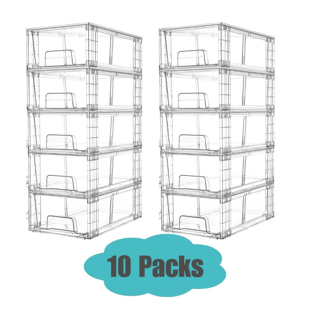 Clear Acrylic Storage Drawers with Handles - Stackable Refrigerator and Pantry Organizer Bins for Snacks Fruits and Vegetables, Food Safe Pull-Out Drawer Bins for Fridge Kitchen Cabinet Under Sink and Bathroom, Available in 4, 6, 8 or 10 Pack