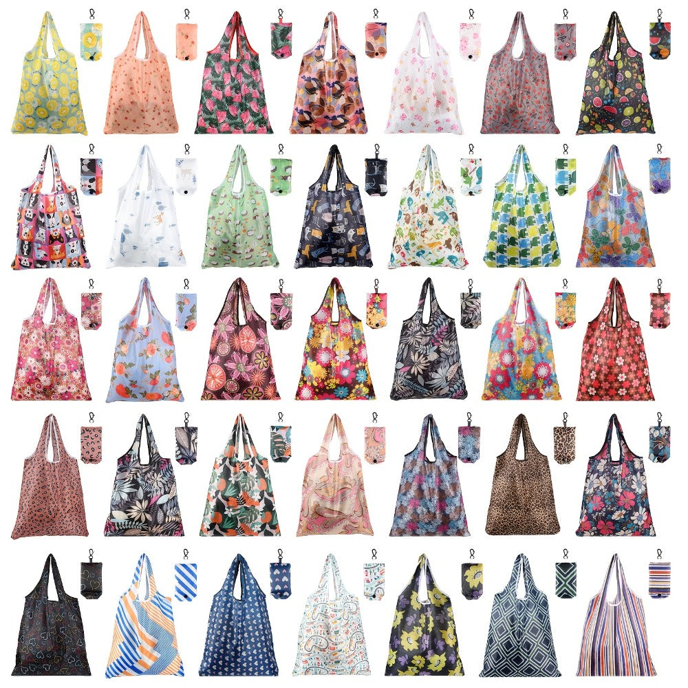 Reusable Grocery Bags Foldable Nylon Tote Bags Waterproof Washable Eco-Friendly Shopping Bag Set with Cute Floral Stripe Polka Dot Leopard Print 18/36pcs
