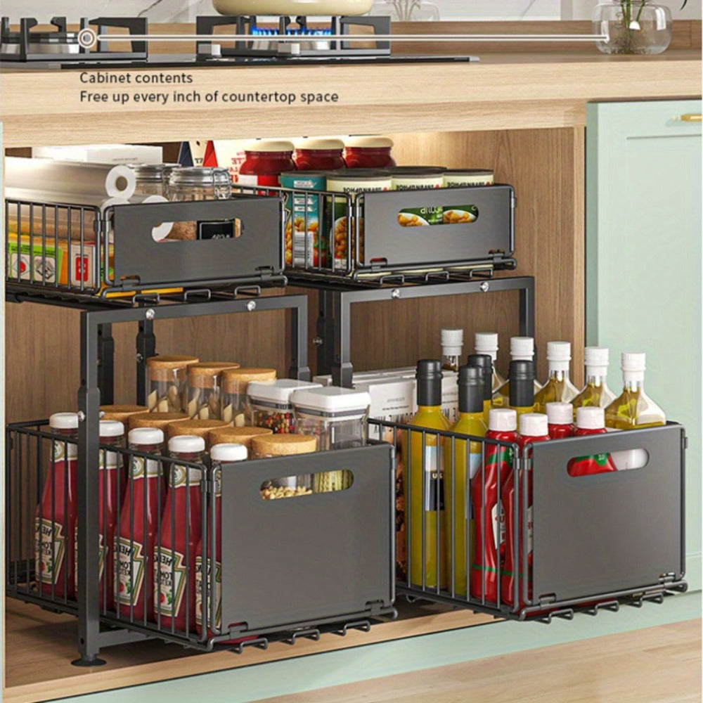 Under Sink Organizer 2-Tier Slide Out ¨C Heavy Duty Metal Cabinet Shelf, Adjustable Space-Saving Storage Rack for Kitchen & Bathroom Cabinets, Pull Out Drawer Organizer