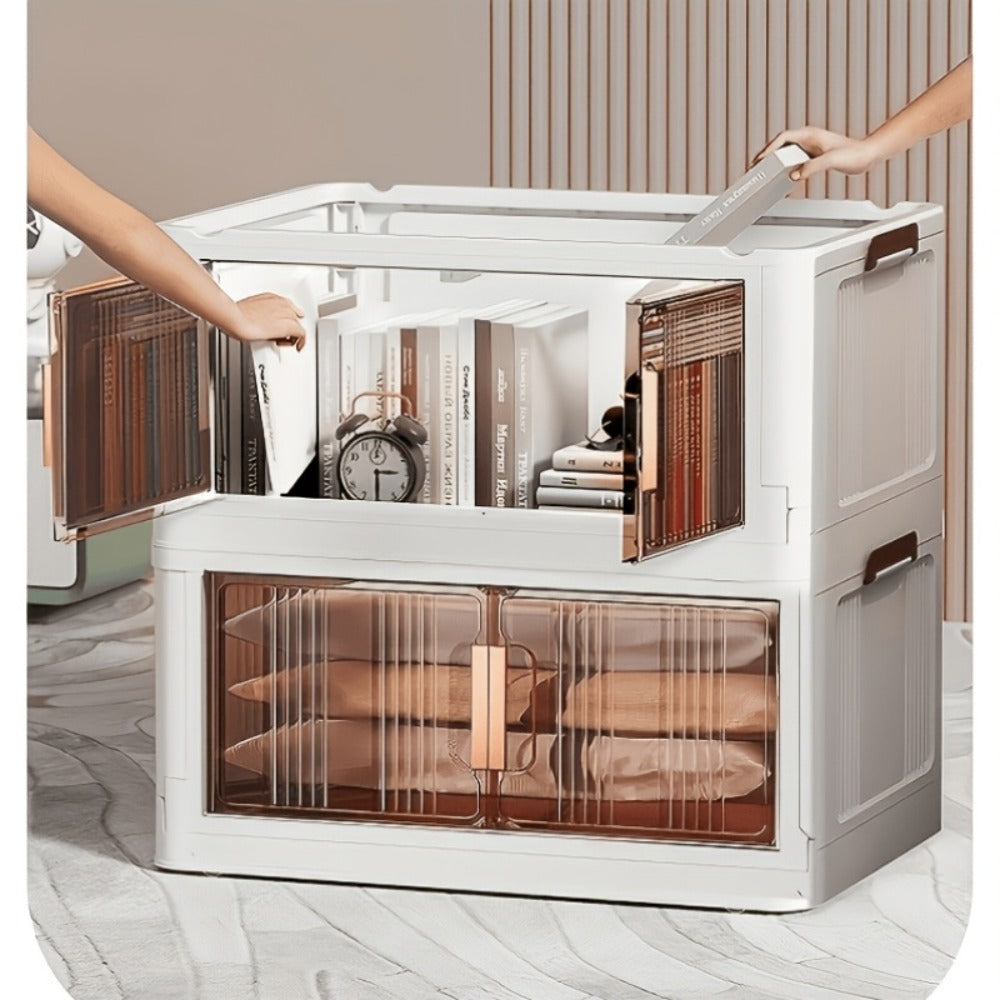 Folding Storage Cabinet with Wheels, 3/4/5-Tier Stackable Plastic Storage Bins with Lids & Magnetic Doors, Foldable Large Organizer with 360¡ã Lockable Wheels for Home Office Kitchen Bathroom Garage