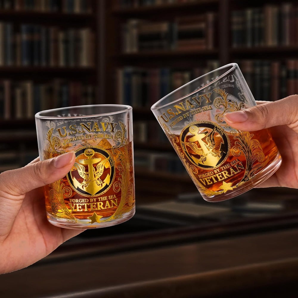 Engraved Veteran Tribute Whiskey Glass 10oz - US Navy Military Gift, Personalized Patriotic Whiskey Glasses for Dad, Military Vet Anniversary Gift