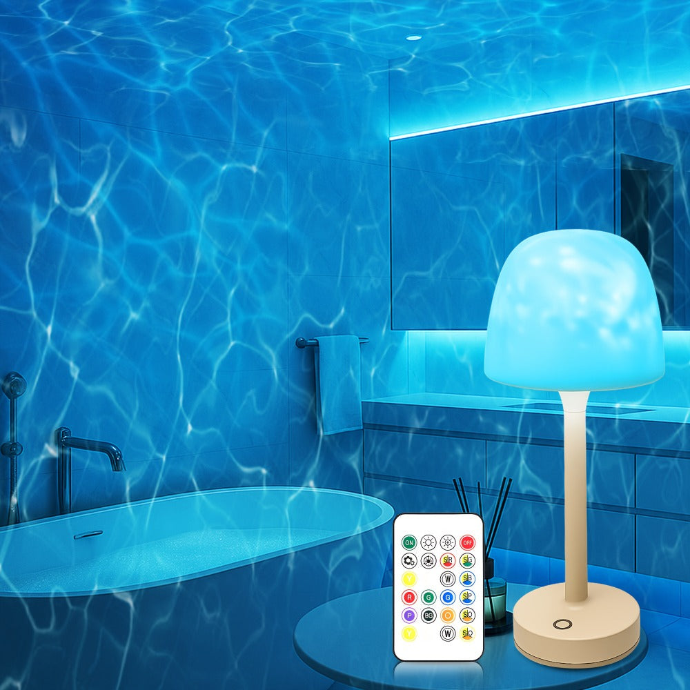 Ocean Wave LED Projector Lamp ¨C 16 Color Rechargeable Cordless Night Light with Remote, Water Ripple Atmosphere Lamp for Bathroom Bedroom, Portable Table Lamp, RGB & Wood Base Options