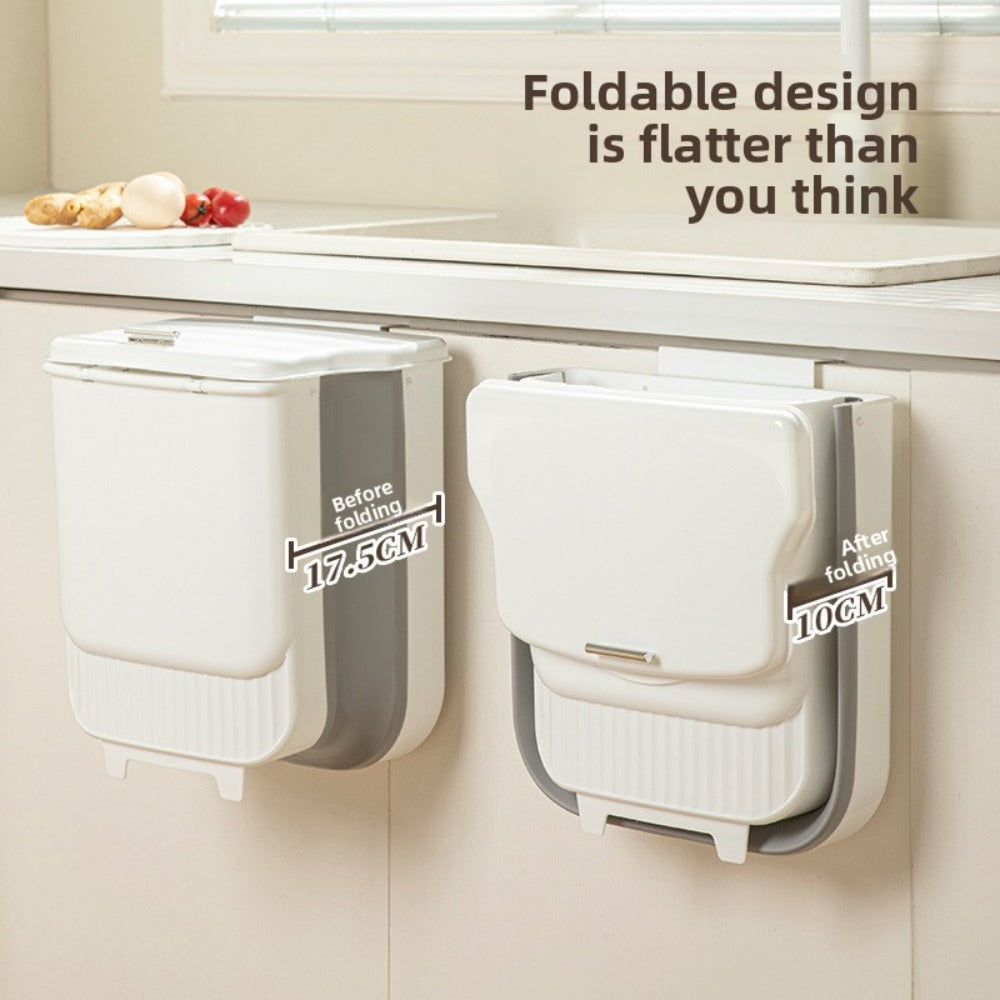 Collapsible Trash Can with Lid Wall Mounted Cabinet Door Hanging Waste Bin 1.85 Gallon Kitchen Bathroom Odor Control Space Saving Garbage Can