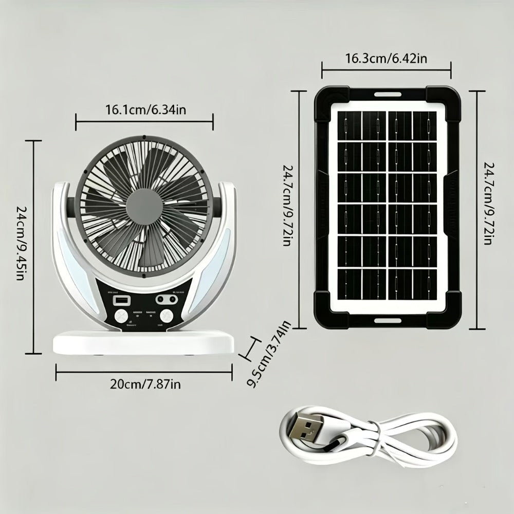 Solar Fan Portable Camping Fan with Solar Panel and USB Charging Adjustable Speed and Angle Phone Charging Function Emergency Power Outage Outdoor Travel Fan
