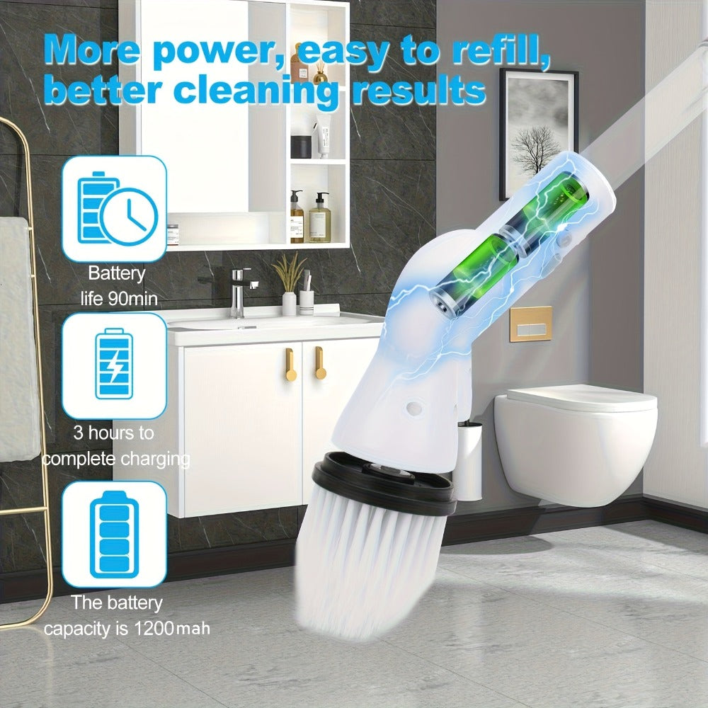Electric Spin Scrubber Cordless Rechargeable - Adjustable Handle with 6 Brush Heads, All-Purpose Power Scrubber for Bathroom, Kitchen, Tile, Shower, Tub & Car, Time-Saving Cleaning Tool, White