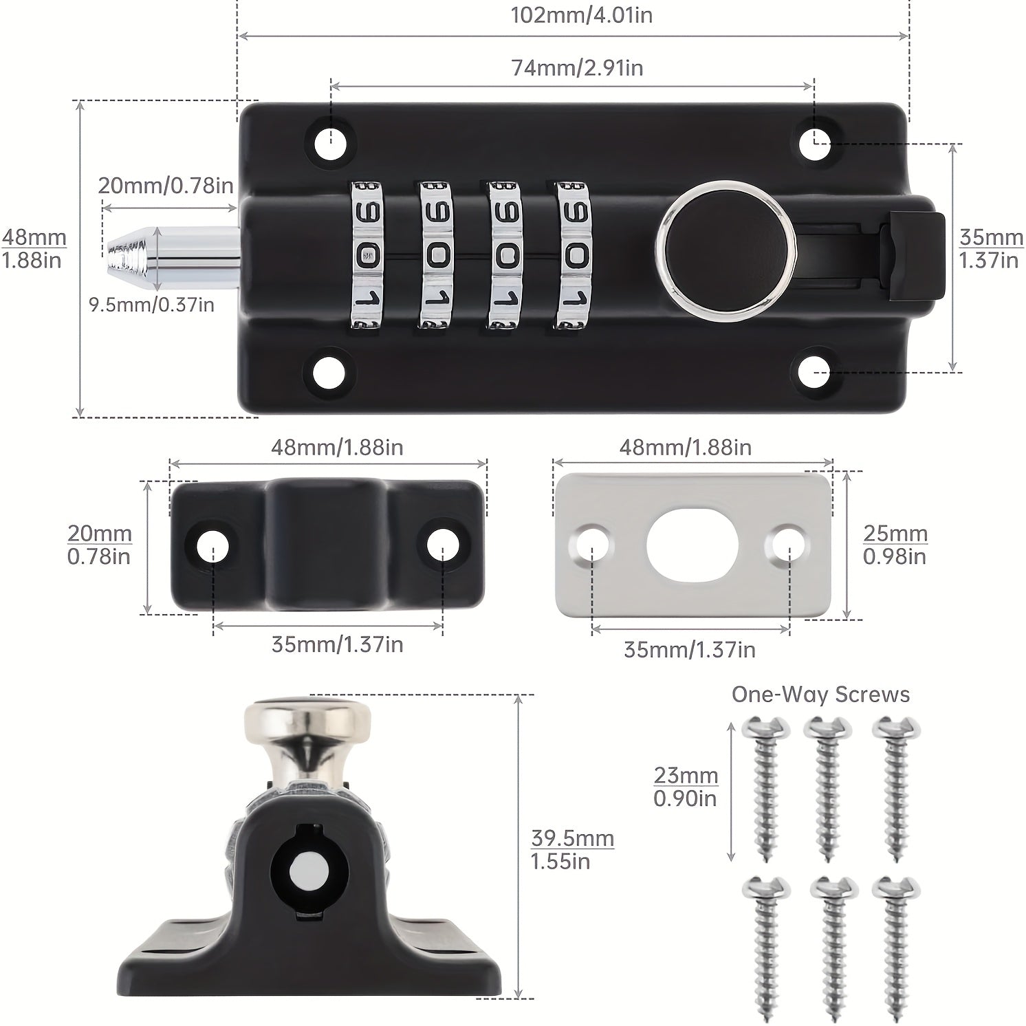 Combination Bolt Lock 4-Digit Heavy Duty Zinc Alloy Sliding Security Lock ¨C Keyless Door Bolt with Screwdriver Set for Shed Gate Fence & Outdoor Doors, Black