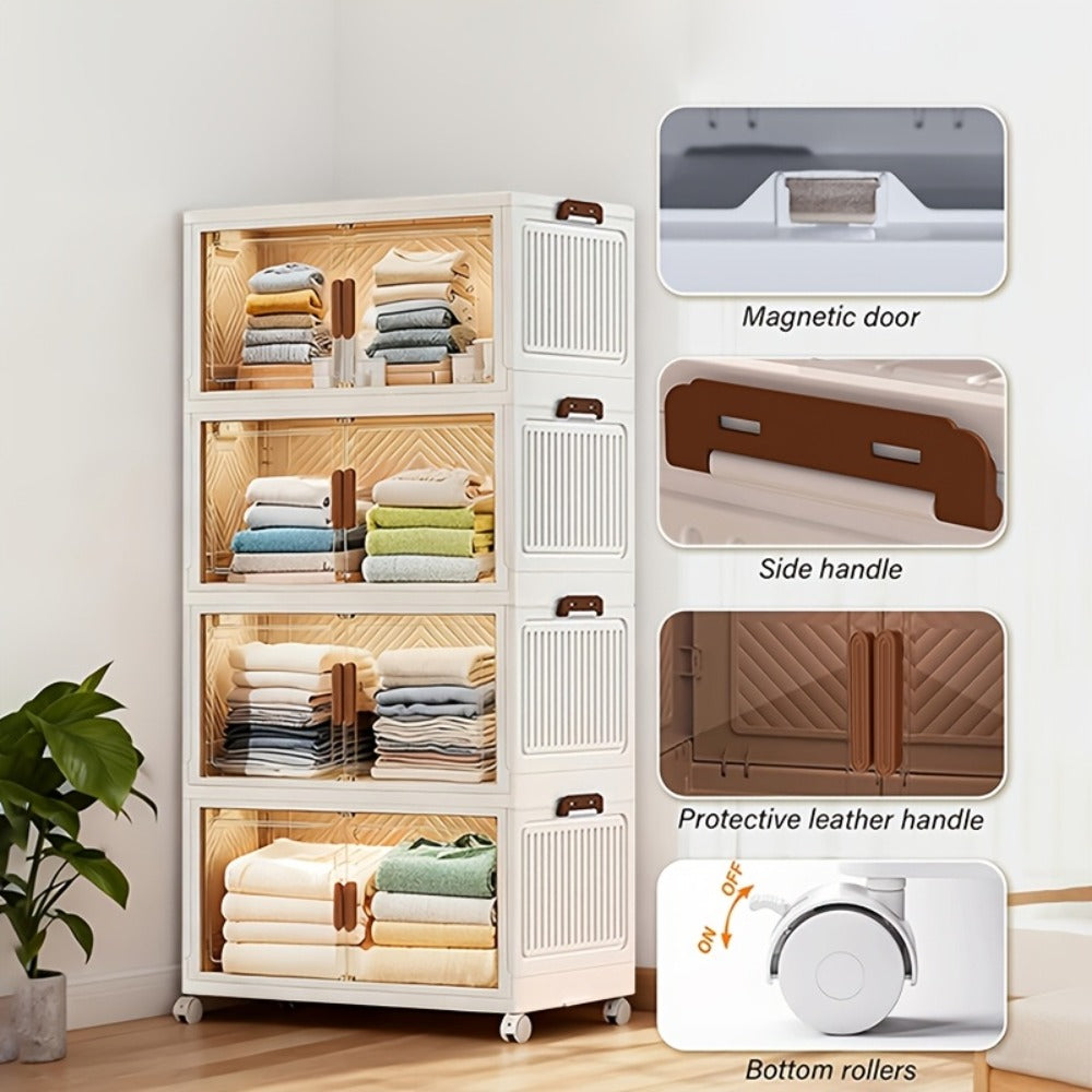 Stackable Foldable Storage Cabinet with Door ¨C PP Plastic 1/2/3/4/5 Layer Organizer Box with Wheels & Cover | Dual-Access Home Storage for Clothes, Books, Snacks & Kitchen Supplies | Office & Garage