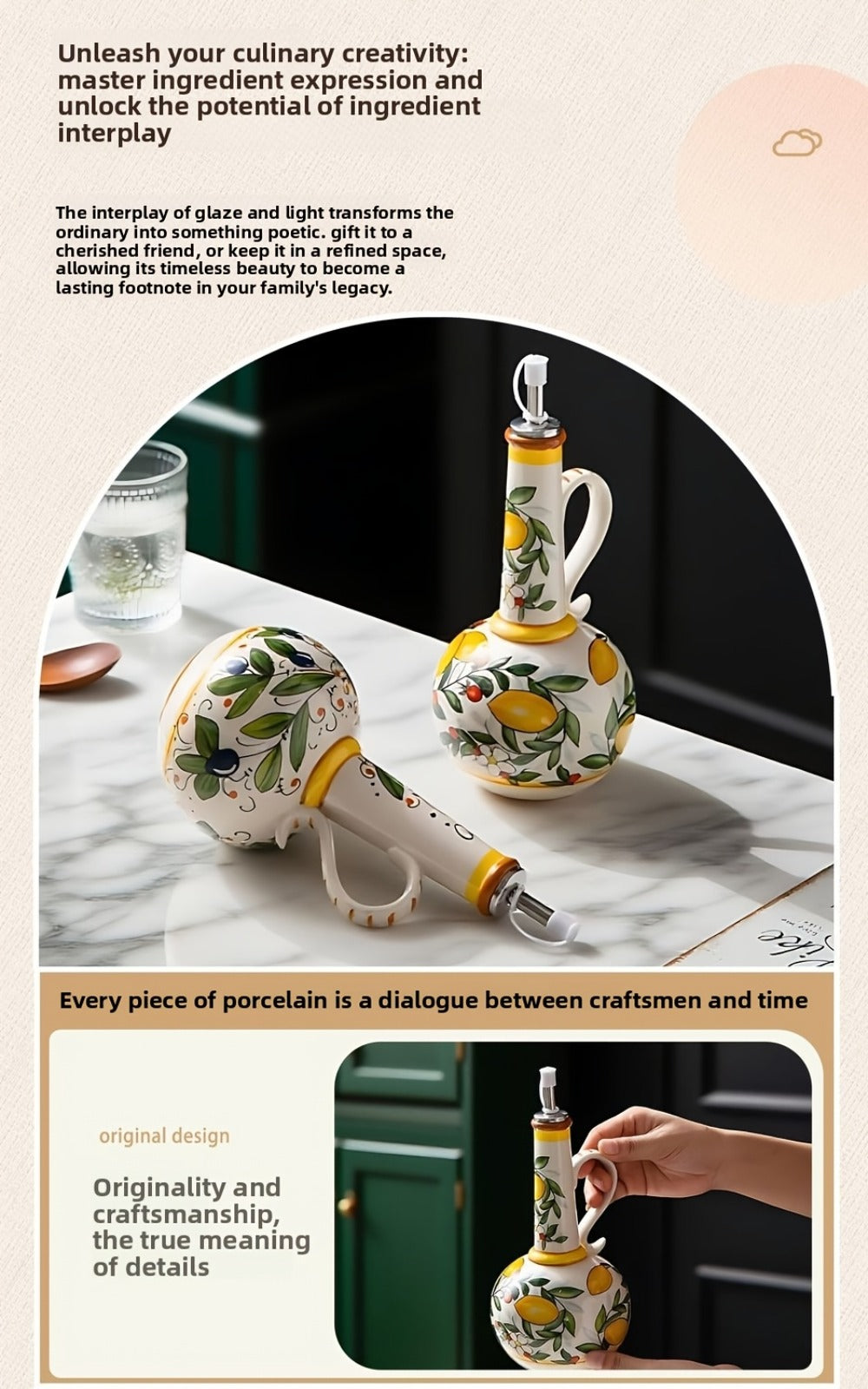 Ceramic Oil and Vinegar Dispenser Set Hand-Painted Underglaze Anti-Drip Leak-Proof Kitchen Oil Bottle with Oil Spout and Foot Pad Olive Green Lemon Yellow