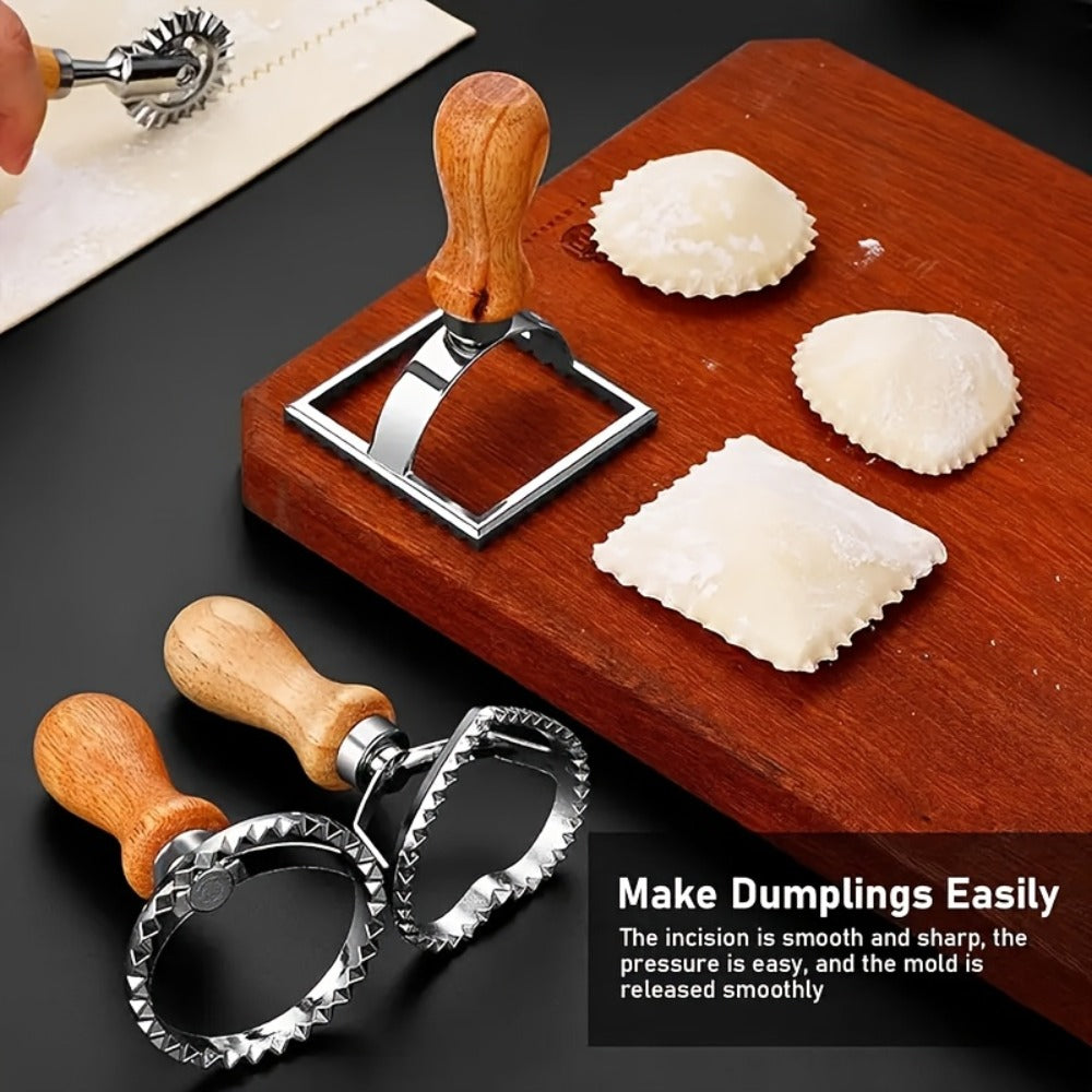 13PCS Dumpling Maker Set - Stainless Steel Ravioli Pierogi Cutter Tools with Wooden Handles