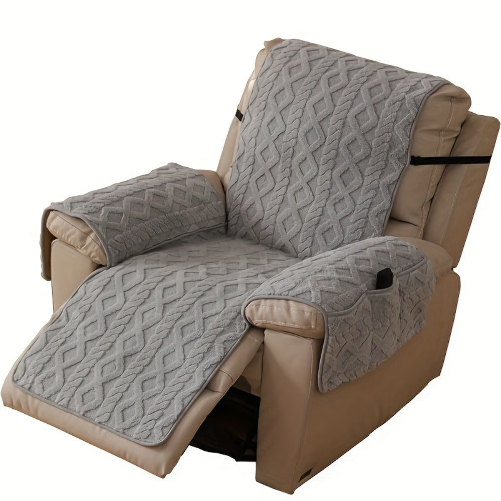 Recliner Cover Shu Velveteen Non-Slip Soft Plush Single Chair Sofa Cover - Pet Scratch Resistant Armchair Protective Slipcover | Deep Gray Light Grey Off White | Bedroom Office Living Room Home Decor