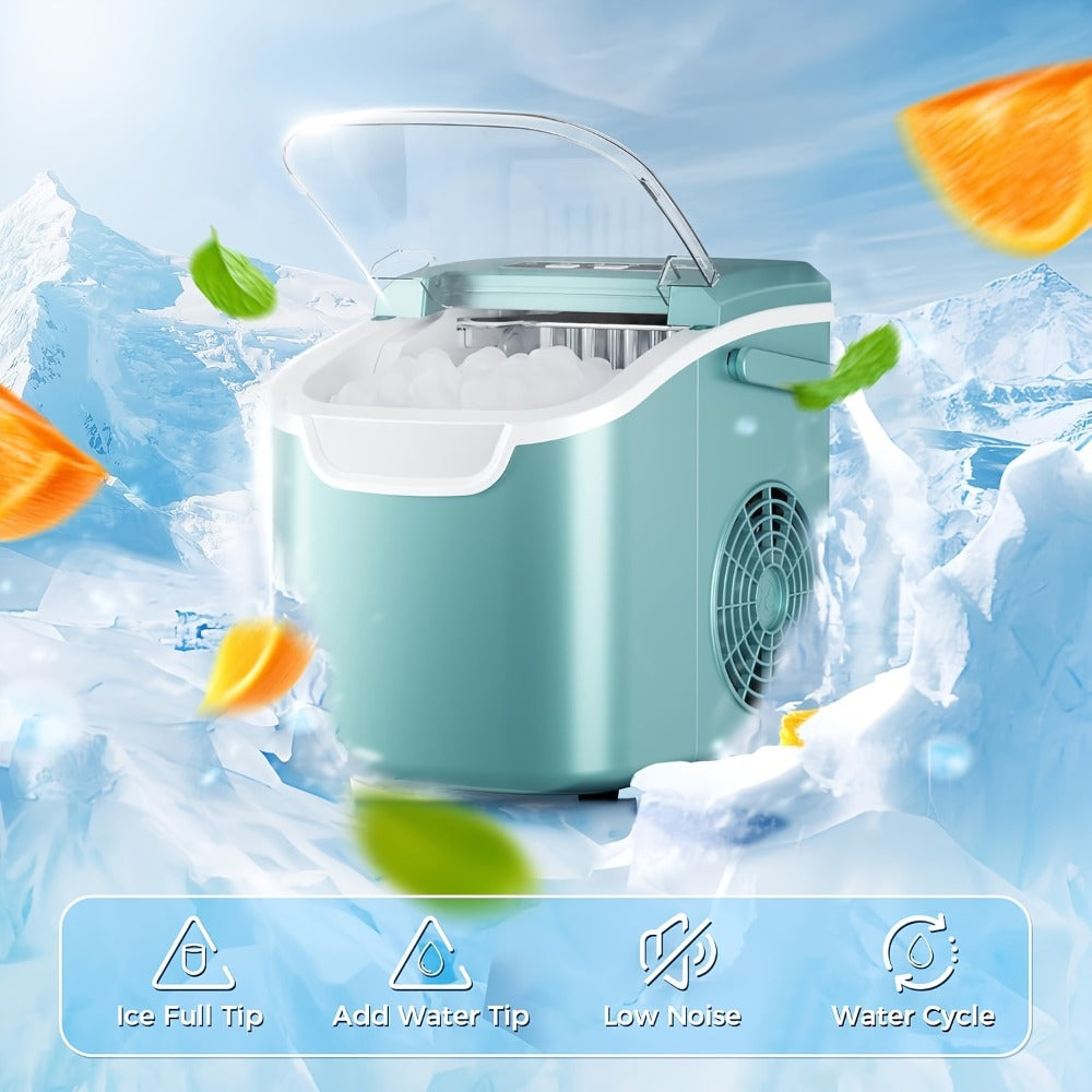 Countertop Ice Maker 26.5 Lbs Per Day - 9 Ice Cubes Ready in 6 Minutes, Portable Ice Machine with Self-Cleaning, 2 Ice Sizes S/L, Compact Ice Maker for Home Kitchen Office Bar RV - Green