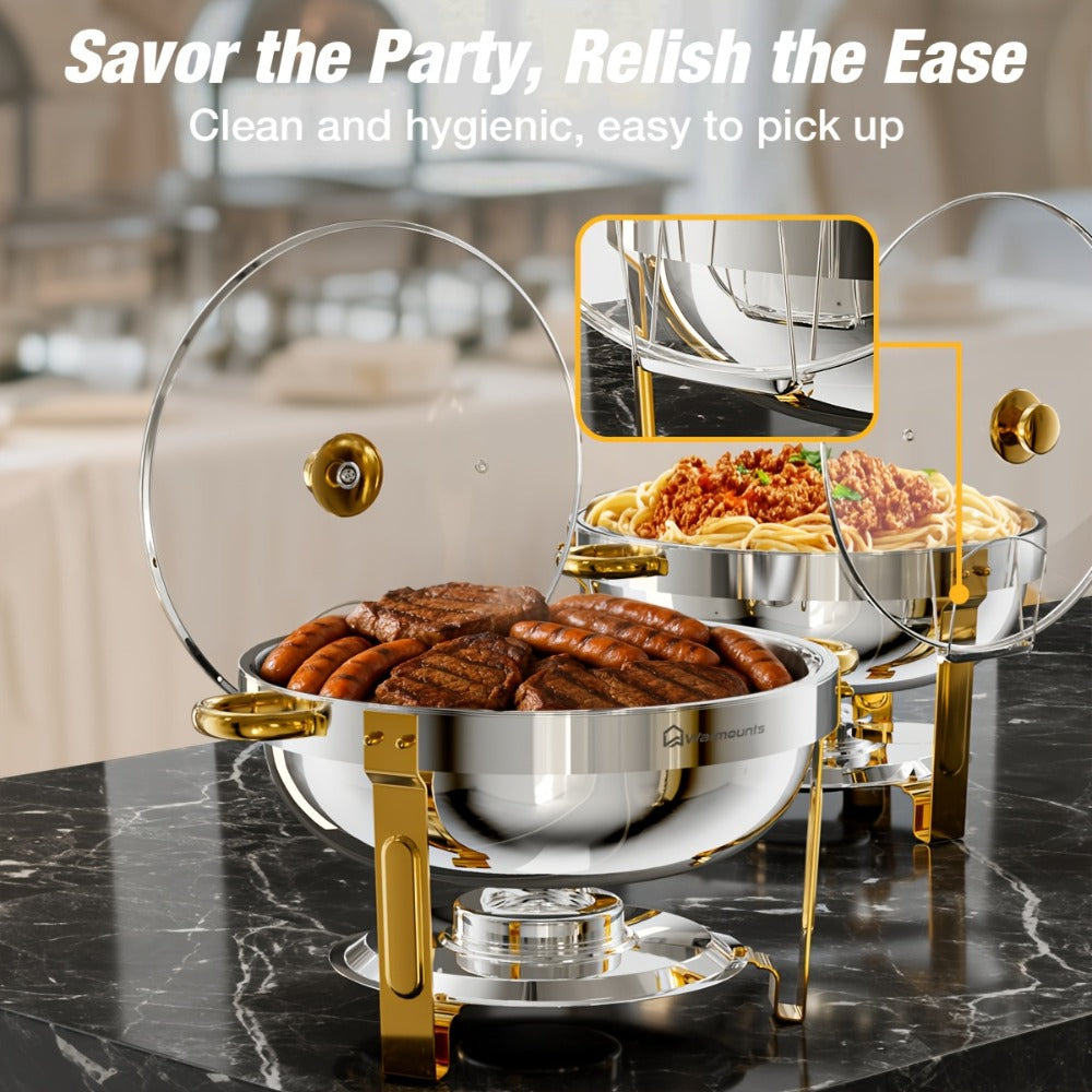 Gold Chafing Dishes Buffet Set 5QT Round Stainless Steel Food Warmer with Glass Lid Lid Holder Mirror Polished for Wedding Party Catering Events - 2 Pack or 4 Pack Chafer Buffet Server