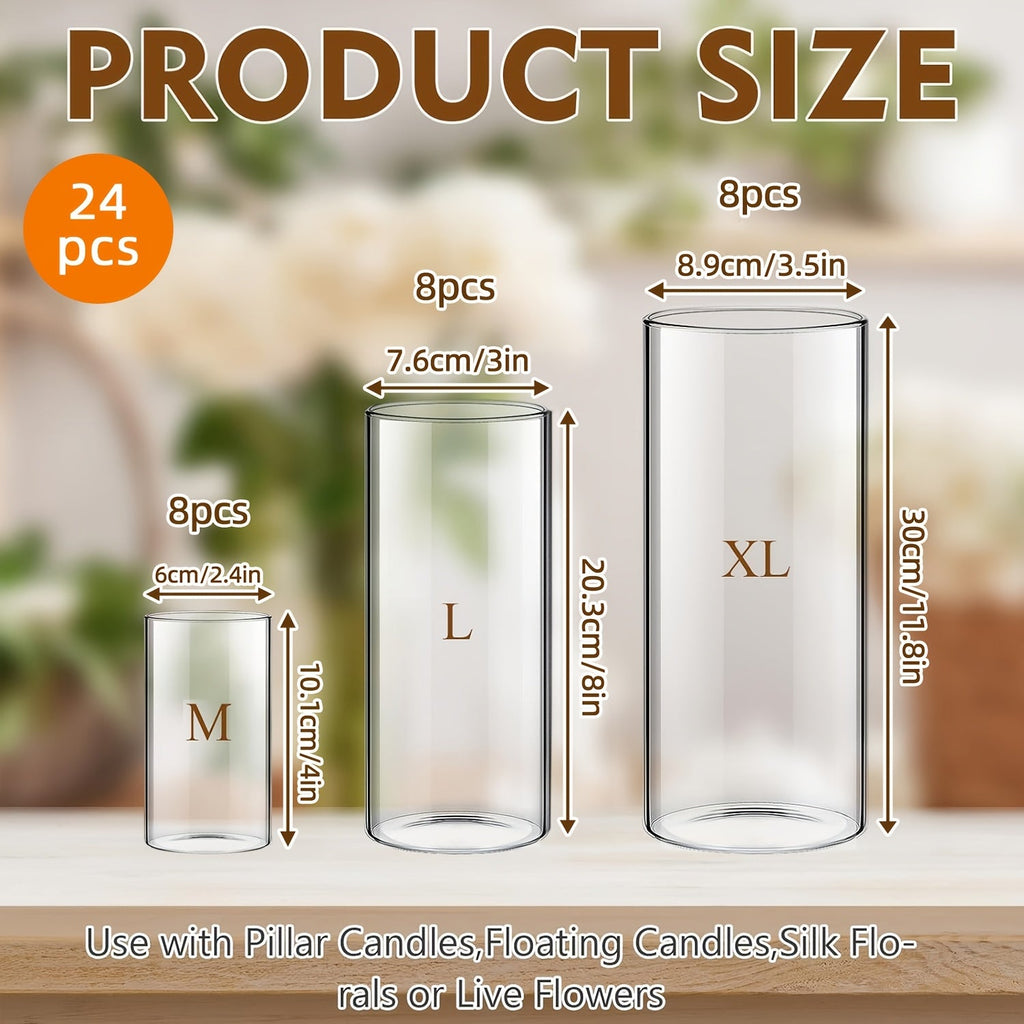 Glass Cylinder Vases Set 18pcs 24pcs - 3 Sizes 4in 8in 12in Tall Clear Candle Holders for Wedding Centerpieces Party Table Decor Halloween Decorations Flower Vase Home Decor