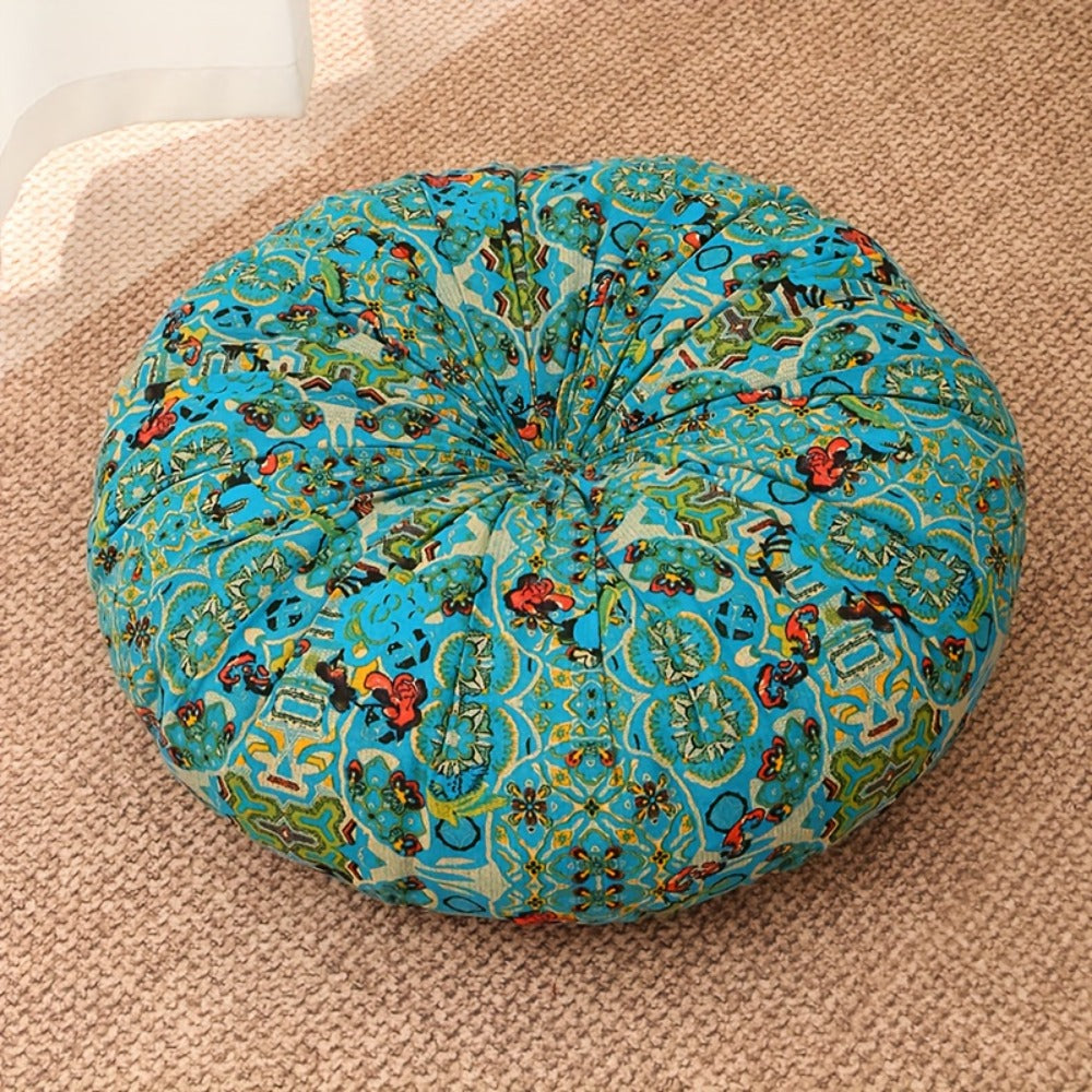 Floor Pillow Round Bohemian Thick Cushion Vintage Floral Pattern Boho Meditation Seat Pad Fade Resistant Cotton Filled Decorative Pouf for Living Room Bedroom All Seasons