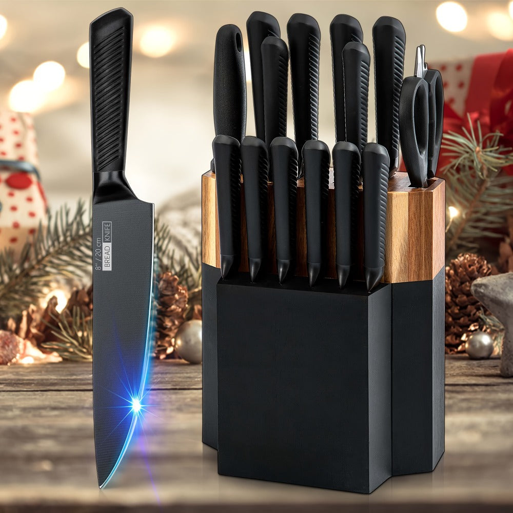 Kitchen Knife Set 15 Piece ¨C Chef Knife Block Set with Self-Sharpening Wooden Block, Steak Knives & Hammered Stainless Steel Blades, Perfect Gift for Home Cooks & Men