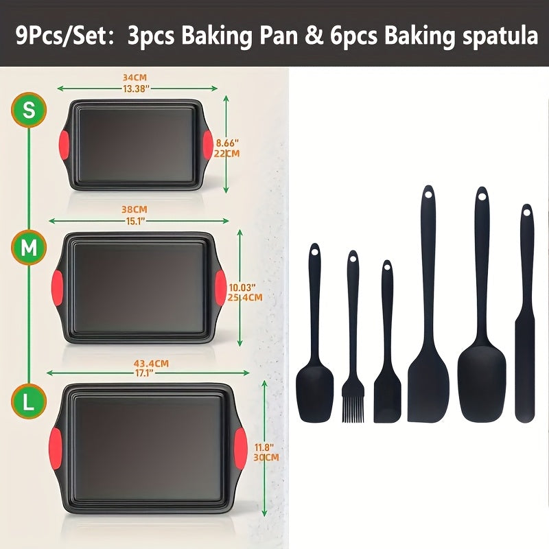 Carbon Steel Nonstick Baking Pan Set 3 or 9pcs Commercial Grade Restaurant Quality Nonstick Inside and Outside Oven Baking Pan with Red Silicone Handle Gray