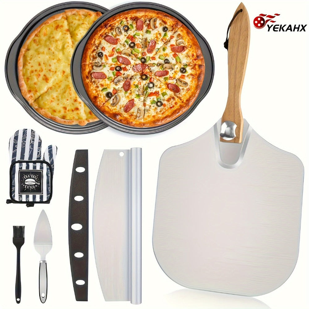 Pizza Making Set with Pizza Peel, Nonstick Pizza Pan, Perforated Pan, Pizza Cutter, Oven Mitts, Pie Server & Basting Brush, Complete Pizza Tools Kit for Oven & Grill, 7-Piece or 8-Piece