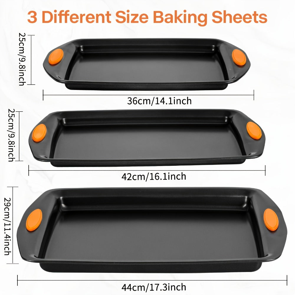 Nonstick Baking Sheet Set with Silicone Handles, Carbon Steel Cookie Sheet Pan Set in Assorted Sizes, Stackable Bakeware for Baking Roasting, Heavy Duty Oven Pans with Orange Handles, 2-Piece or 6-Piece