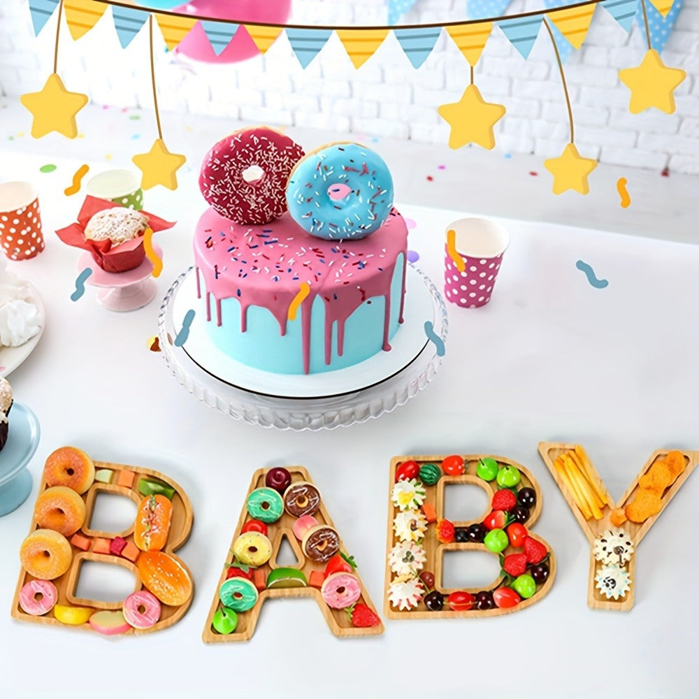 Baby Shower Charcuterie Board Set ¨C 4-Piece BABY Letter Shaped Wooden Serving Tray, Bamboo Snack Platter for Gender Reveal, Birthday Party, Cake & Cookie Display