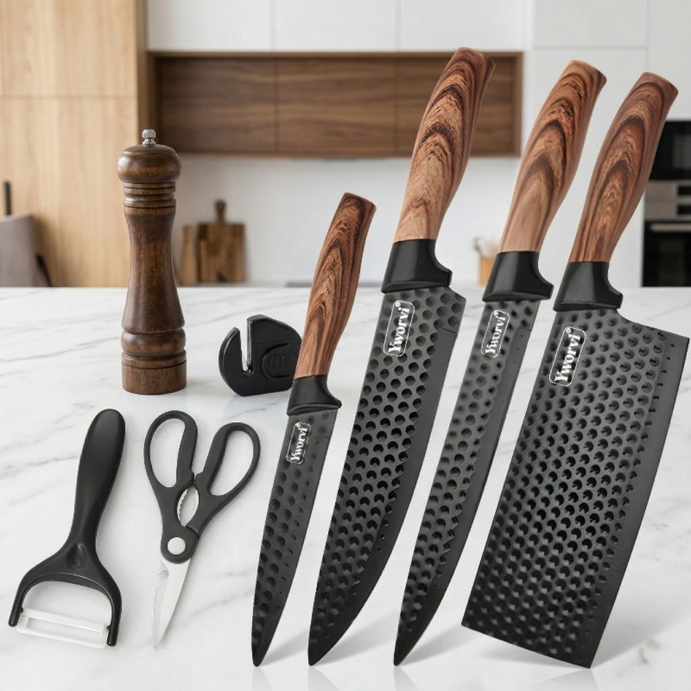 Chef Knife Set 7 Piece High Carbon Stainless Steel Ultra Sharp ¨C Anti-Stick Ergonomic PP Handle, Includes Slicing Knife, Scraper, Scissors & Whetstone, Gift Box for Home, Family & Travel