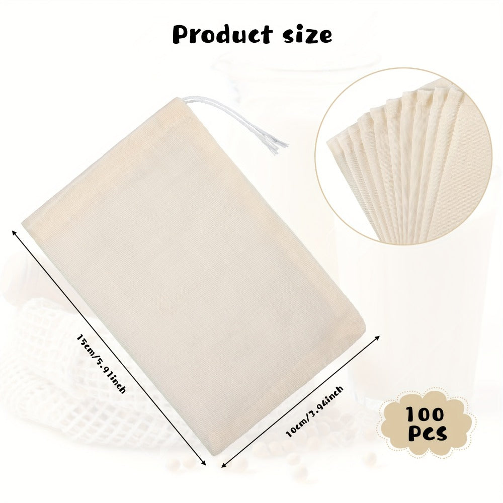 Cheesecloth Bags for Straining 100 Pack ¨C Reusable Muslin Tea Filter Bags for Cold Brew, Milk Tea, Nut Milk & Cooking, 4x6 Inch Drawstring Cotton Bags, Food-Grade Unbleached
