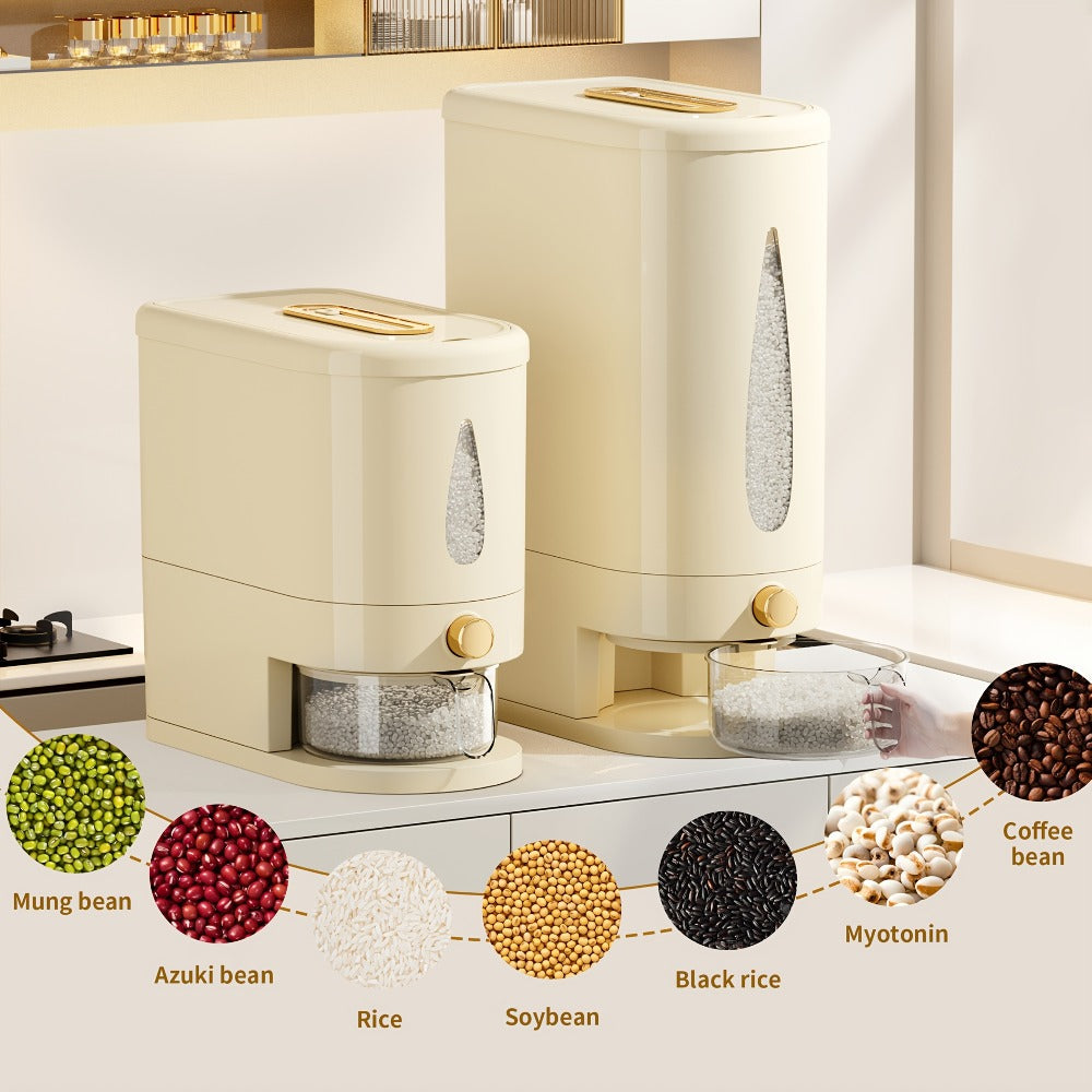 Rice Dispenser Storage Container Press Type Measuring Cup Moisture-Proof Sealed Grain Bin - Large Capacity Airtight Rice Storage Box for Rice Coffee Beans Flour Legumes Pet Food Kitchen Pantry Organizer