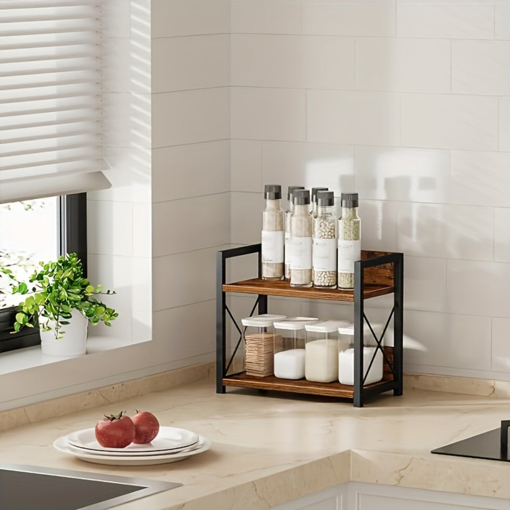 Countertop Spice Rack Organizer Wood Kitchen Counter Shelf for Spices Coffee Seasoning - Freestanding No Install Storage Rack for Kitchen Bathroom Vanity Cosmetics Organization