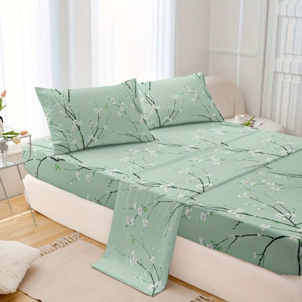 Fitted Sheet Set 4-Piece Plum Blossom Floral Print | Deep Pocket 15¡± Bed Sheets Twin Full Queen King | Soft Polyester Bedding Set with 2 Pillowcases, All-Season Machine Washable