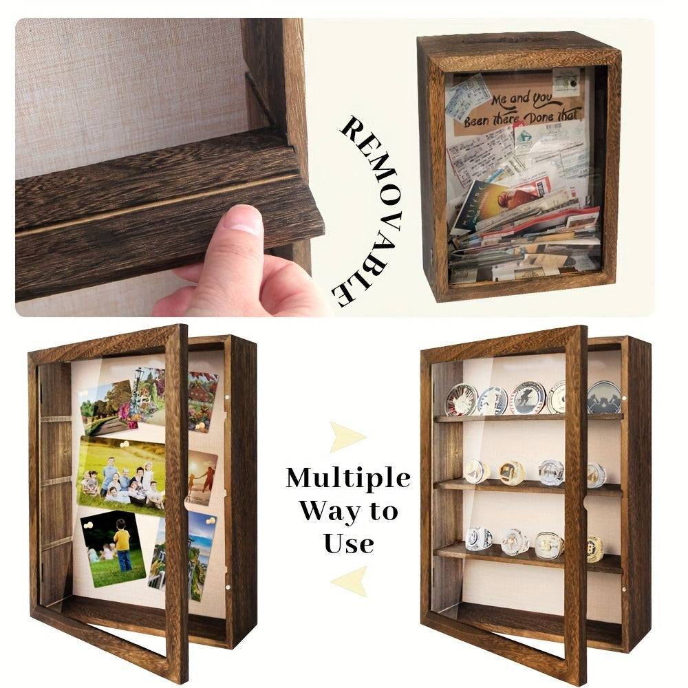 Shadow Box Frame 11x14 with 4 Removable Shelves - Large Deep Display Case for Medals Coins Pins Photos Flowers Keepsakes, Wall Hanging Memory Box for Collections, Black White Brown