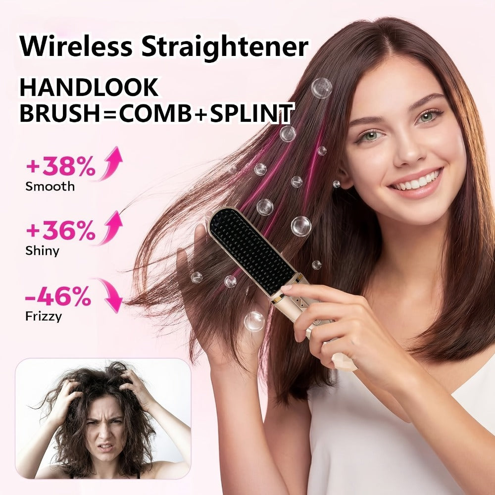 Cordless Hair Straightener Brush USB-C Rechargeable 2000mAh Lithium Battery 3-Level Temperature Control Dual-Use Straightening and Curling Portable Travel Styler for Women